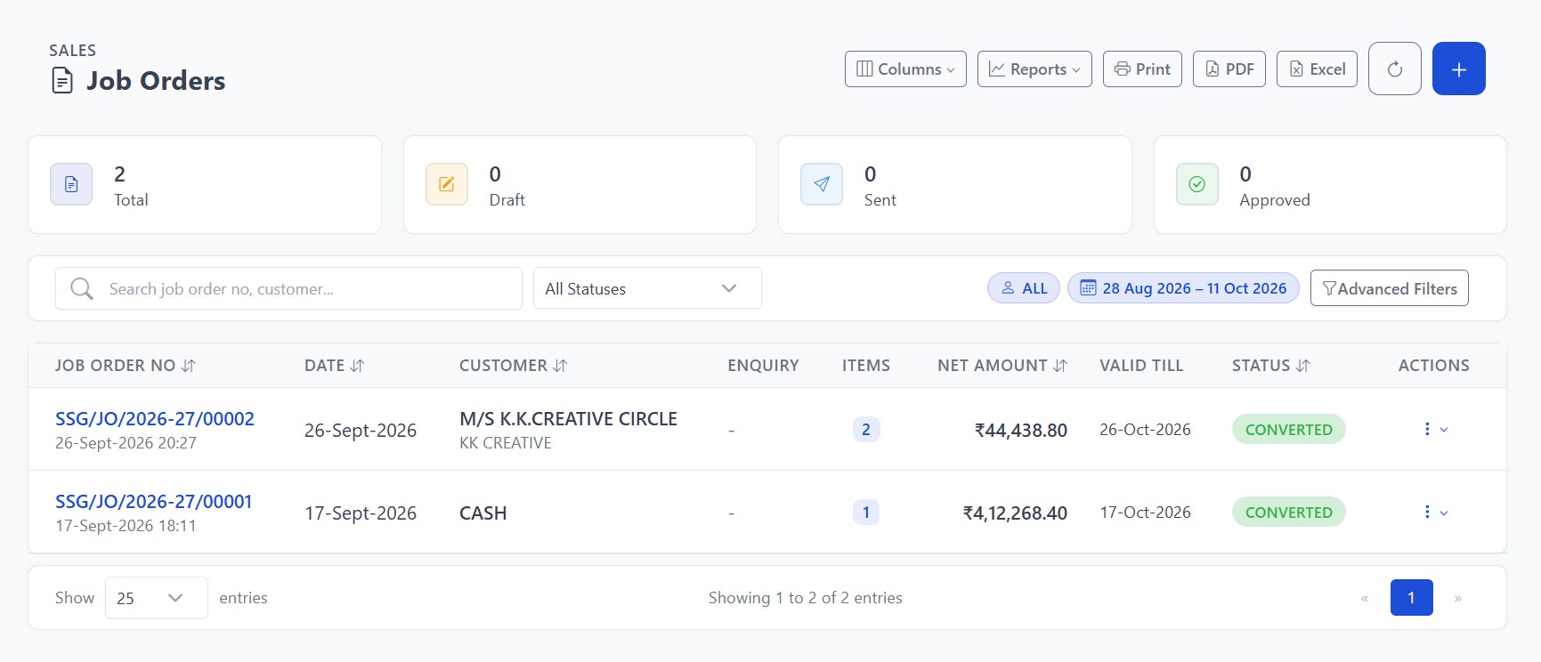 Job order list with amounts and status