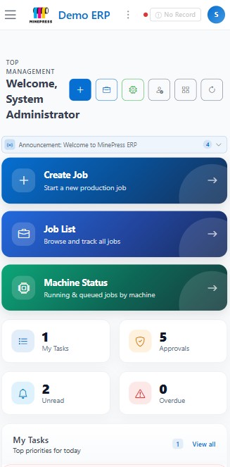 MinePress mobile home with Create Job, Job List and Machine Status