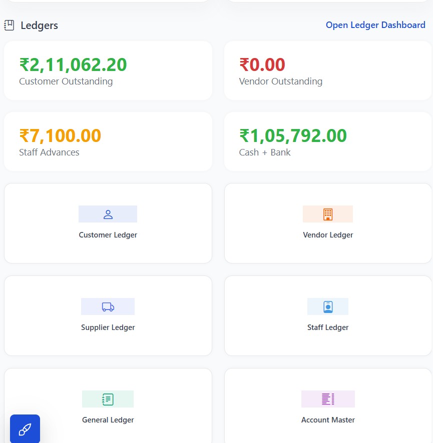 Ledger home with customer outstanding and cash and bank