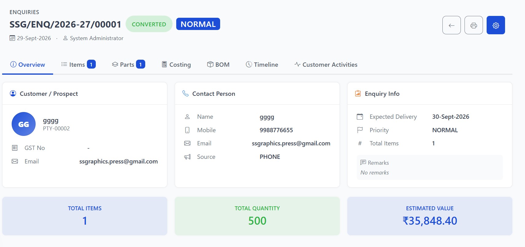 Enquiry overview with customer and estimated value
