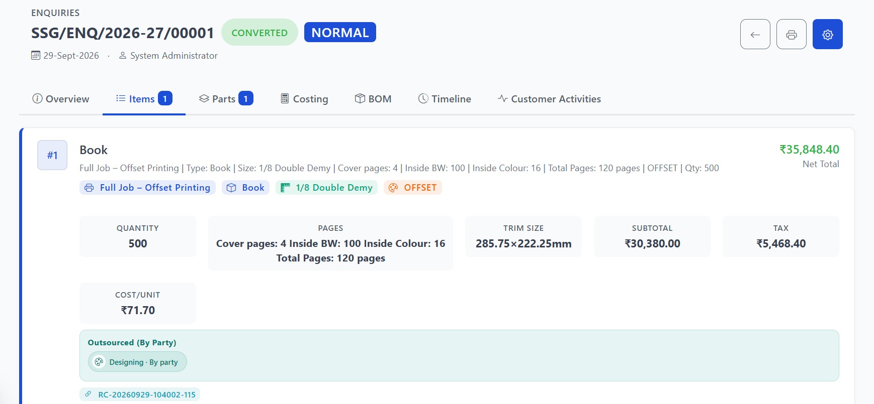 Book line on an enquiry with pages and trim size