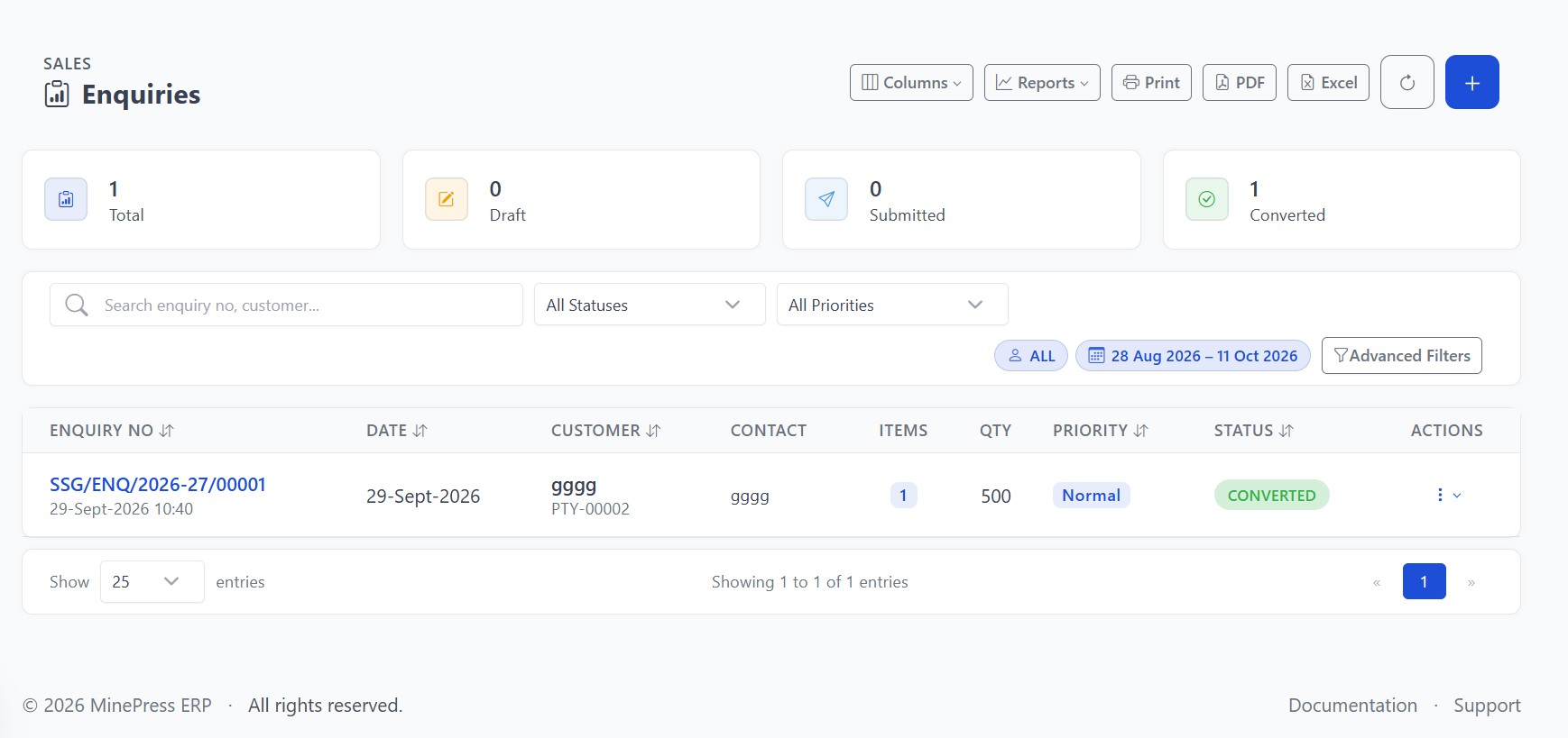 Enquiry list with status counts and a converted enquiry