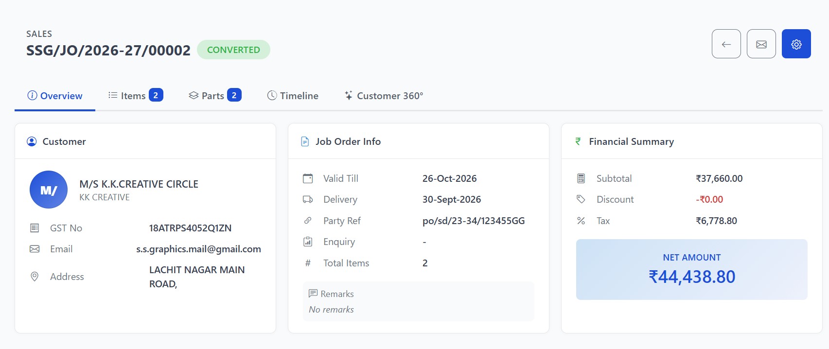 Job order overview with customer and financial summary