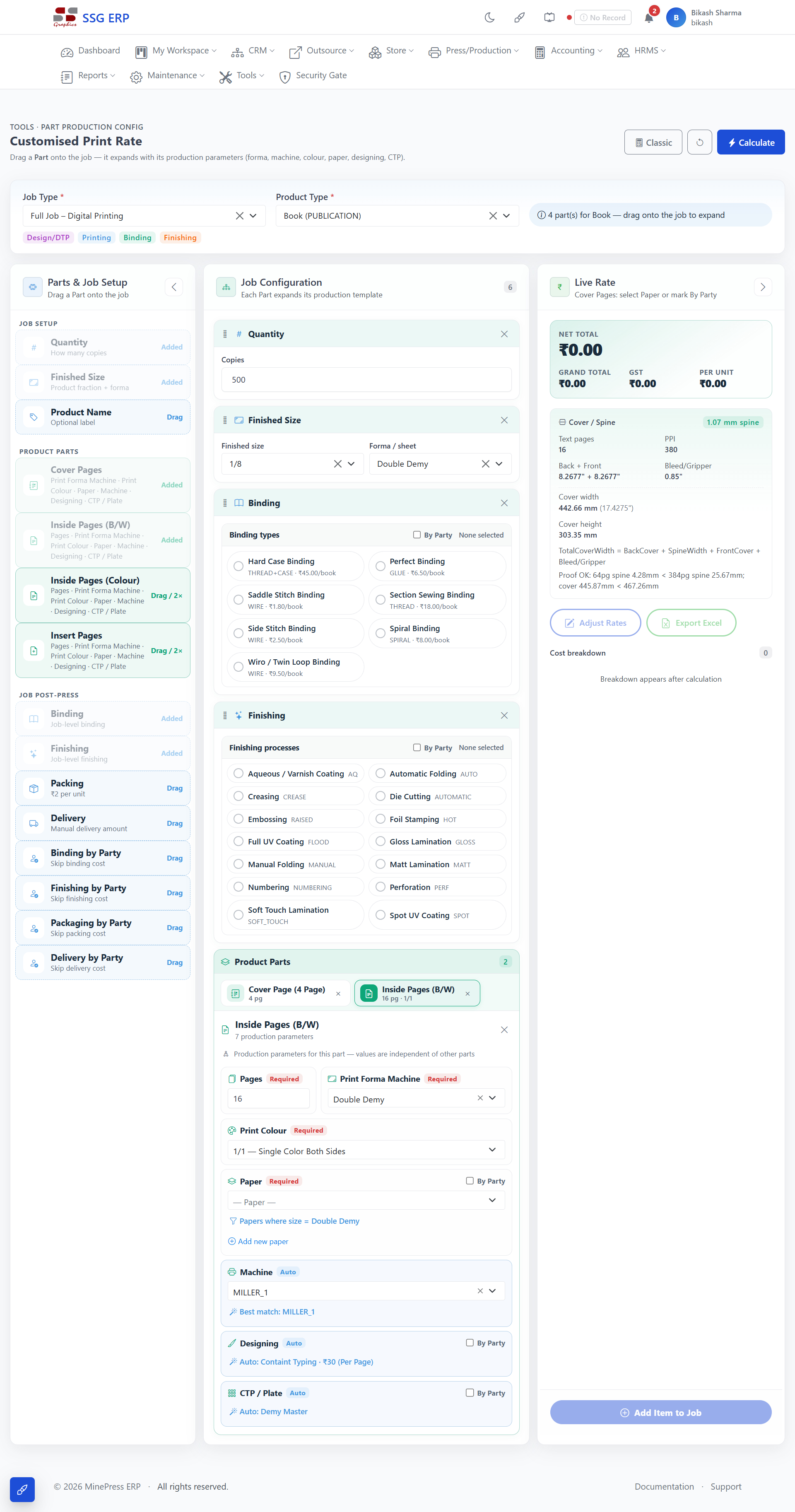 Customised print rate calculator for a book job