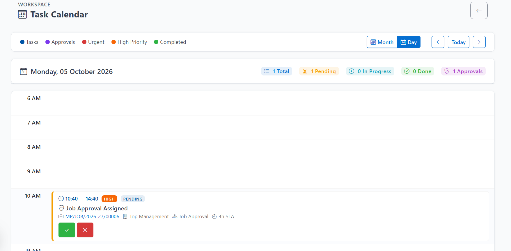 Task calendar with a pending job approval