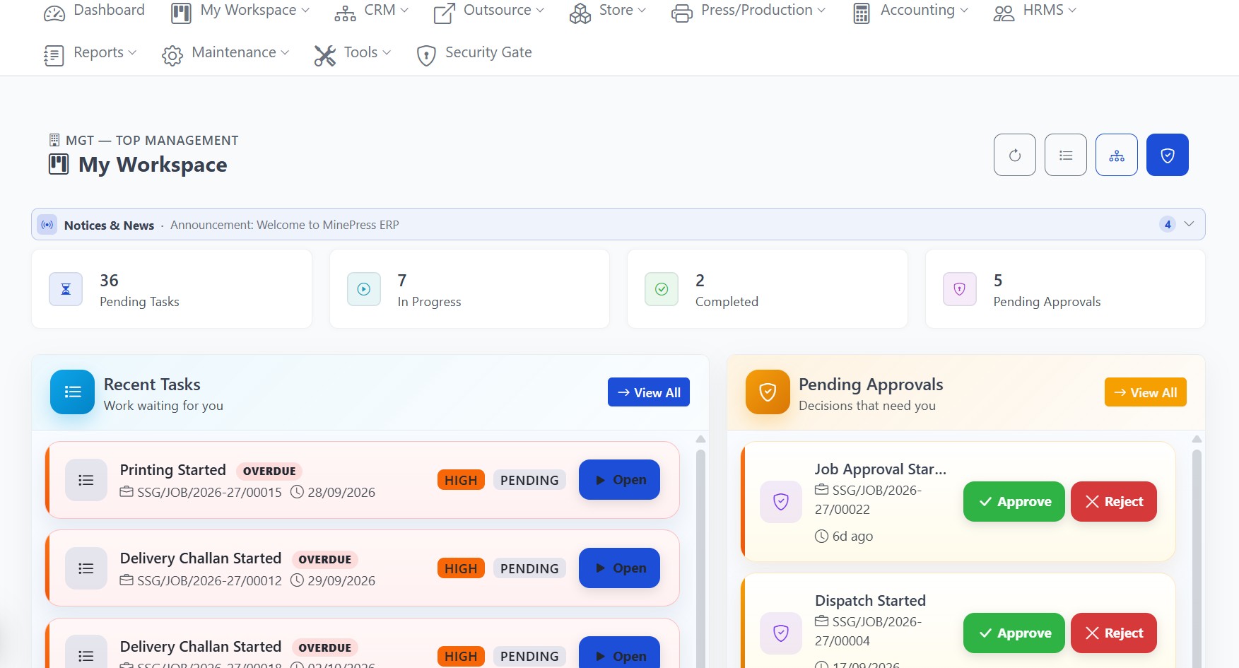My Workspace with pending tasks and approvals
